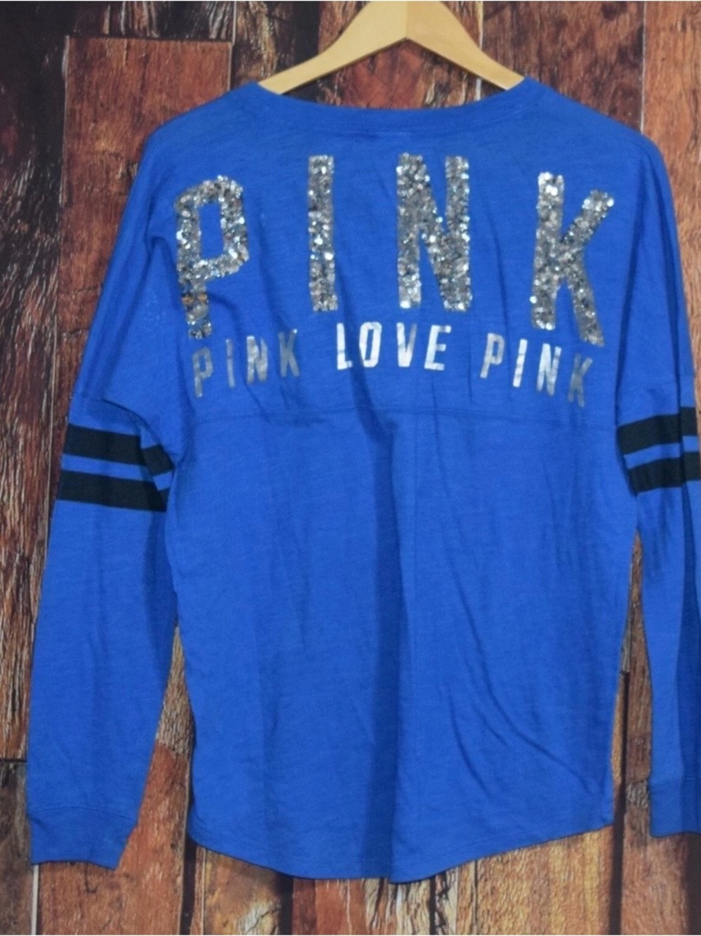PINK Victoria's Secret Royal Blue Long Sleeve Tee with Silver Sequin Logo - Picture 2 of 3